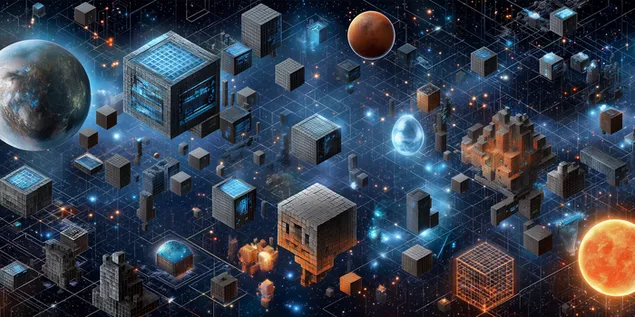 digitalni svemirski pejzaz s umrezenim kubnim planetama i zvijezdama preuzmi