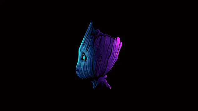 Vista digital del personaje de la película Marvel's, guardianes de la galaxia Groot con luz azul púrpura sobre fondo negro
