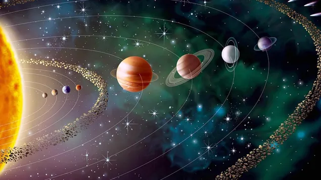 Digitale foto van de ruimte met planeten en kleurrijke lichten in het zonnestelsel download