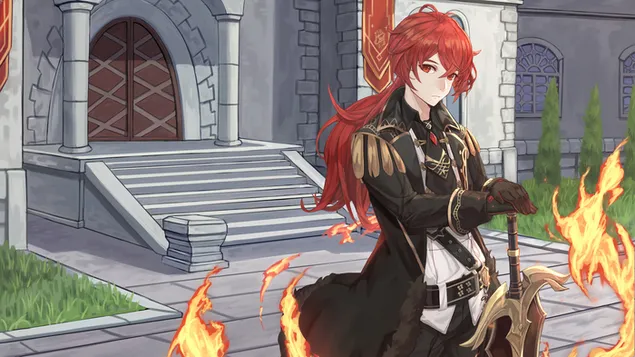 Diluc (Karakteri Pyro): Genshin Impact [Video lojë anime] 4K sfond