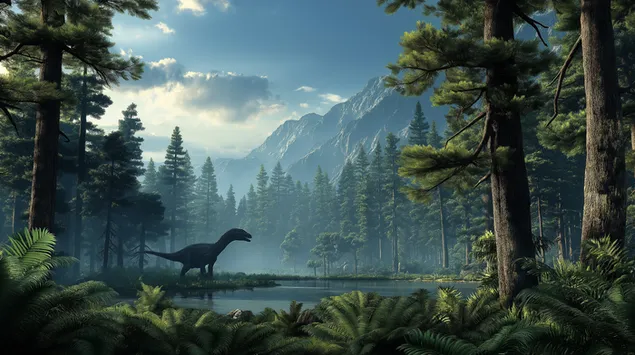 Tapeta Dinosaurus v prehistorické horské krajině 2K