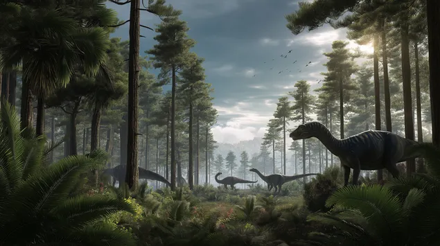 Tapeta Dinosauři v bujném prehistorickém lese 2K