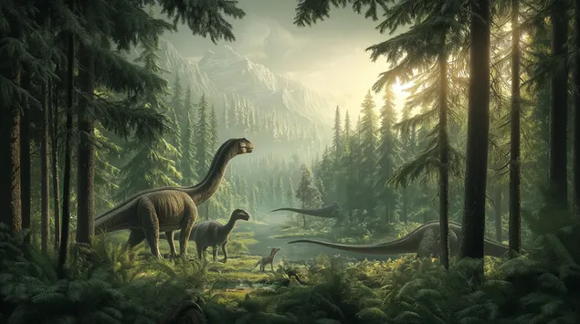 Tapeta Dinosauři v prehistorickém lese 2K