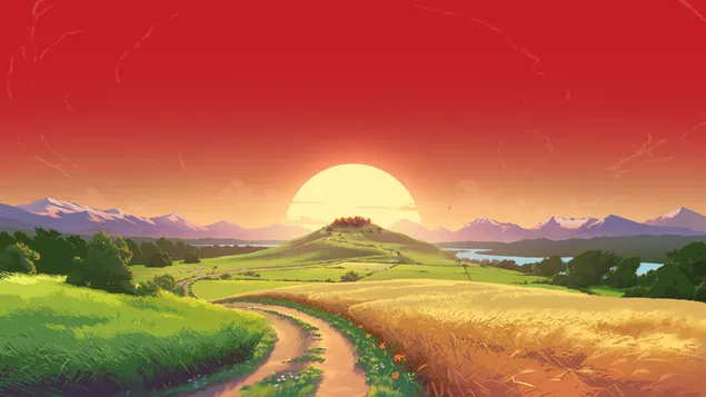 Camino de tierra con montañas, árboles, cultivos y plantas con vista al cielo en tono naranja 8K fondo de pantalla