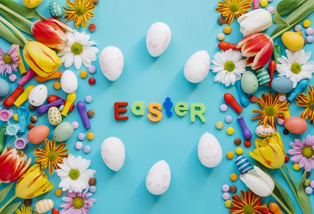 Diseño artístico de Pascua con huevos y flores de colores.