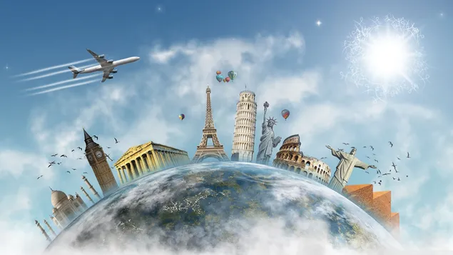 Diseño de viajes nublados y en avión de los lugares más hermosos para visitar en el mundo