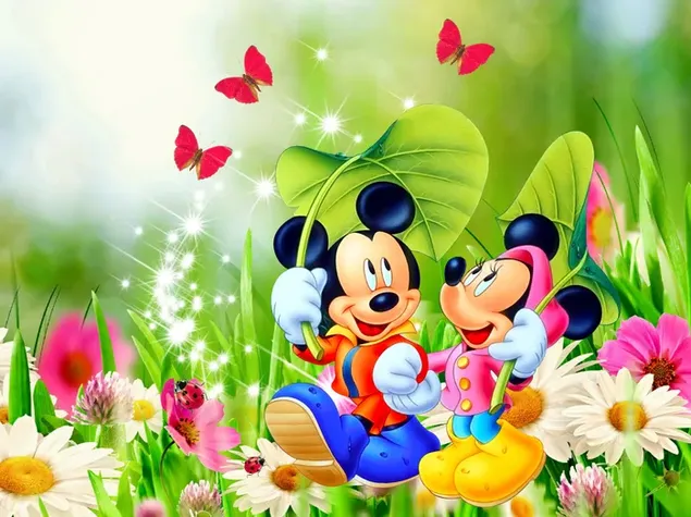 Personatges de Mickey Mouse de dibuixos animats de Disney passejant feliçment entre flors i herba 2K fons de pantalla