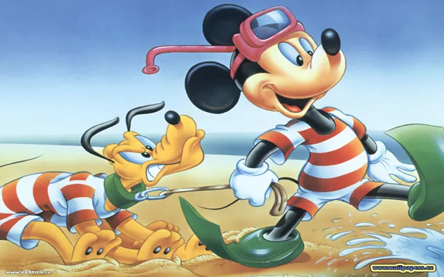 Tapeta Disney mickey mouse a pluto disney postavičky morská pláž kúpanie 2K