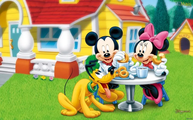 ディズニーのミッキーマウス、ミニーマウス、プルート 2K 壁紙