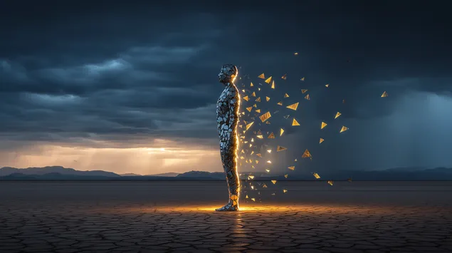 muat turun melarutkan sosok manusia dalam perisai retak di lanskap tandus