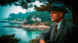 vyznamny gentleman s vyhledem na mlhavou pobrezni krajinu stahnout
