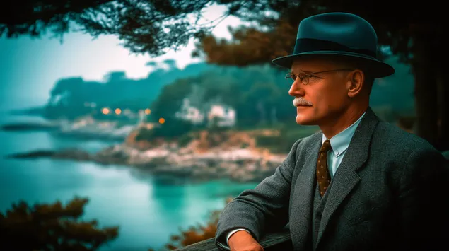 arvoisa herrasmies, joka katsoo sumuista rannikkomaisemaa lataa