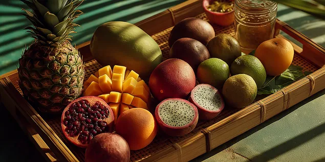 Разнообразная коллекция нарезанных и целых тропических фруктов 2K обои