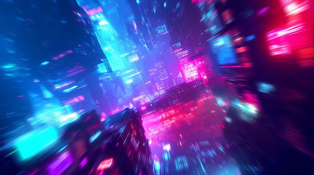 Vrtoglav pogled iz prve osebe na neonsko kiberpunk mesto ponoči 2K ozadje