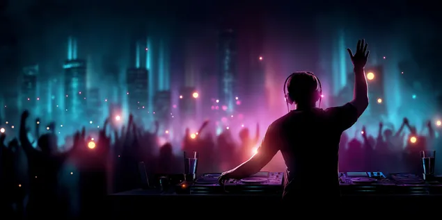 dj zabavlja publiku nocu sa zivopisnom pozadinom gradske panorame preuzmi