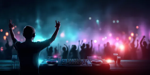 dj sa podignutim rukama nastupa u zivahnom nocnom klubu osvijetljenom neonskim svjetlima preuzmi