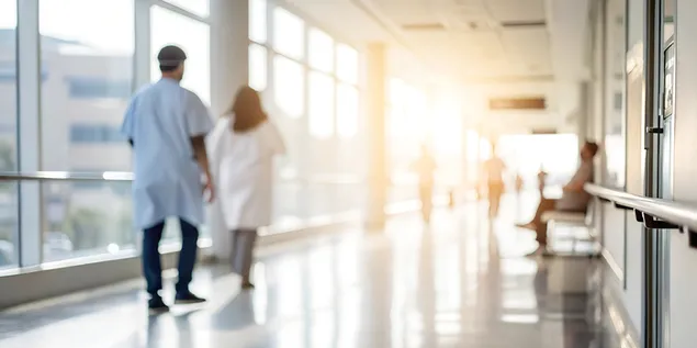 ārsti slimnīcā, kur pa logiem spīd saule 4K fona tapete