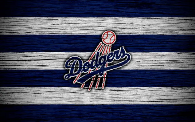 Logotip de l'equip Dodgers sobre el fons de fusta grunge pintat amb els colors del seu logotip 4K fons de pantalla