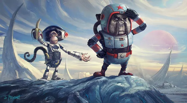 犬と猿の宇宙飛行士の漫画のキャラクター 4K 壁紙