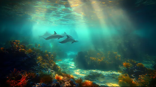 Dofins exploren les restes enfonsades i l'escull vibrant 2K fons de pantalla