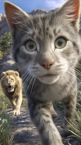 selfie domaci kocky s rvoucim divokym lvem za ni stahnout