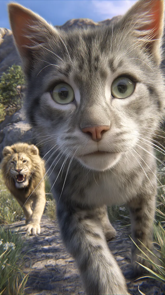 selfie domace macke s divljim ricucim divljim lavom iza njega preuzmi