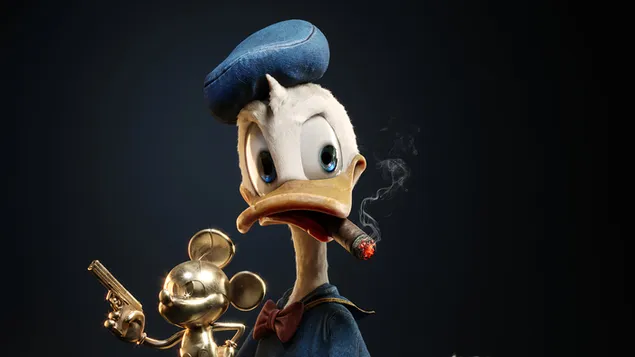 Donald Duck Charakter Zigarre im Mund auf schwarzem Hintergrund herunterladen