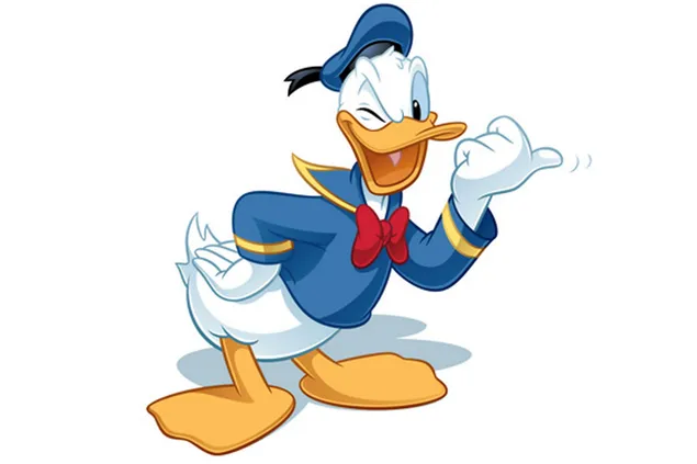 Donald Duck knipoogt in blauw matrozenpak, rode vlinderdas, gele snavel en gele voeten op witte achtergrond download