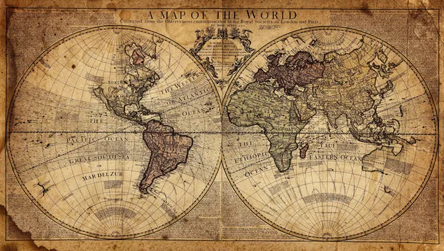 Dos imágenes separadas de una imagen antigua de los continentes del mundo dibujadas en papel antiguo descargar