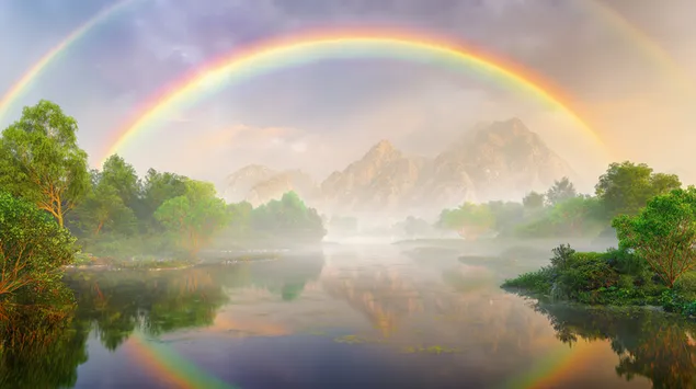 霧深い山の湖にかかる二重の虹の風景 2K 壁紙