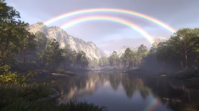 静かな山の湖面に映る二重の虹 2K 壁紙
