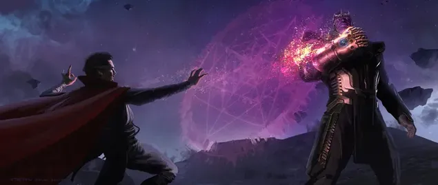 Dr. Keistas Thanoso užpuolimas jų stebuklingais ginklais 4K ekrano užsklanda