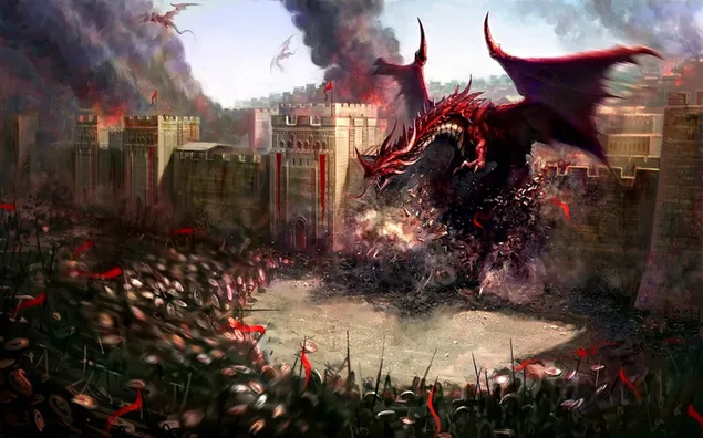 Dragón atacado en el castillo 2K fondo de pantalla