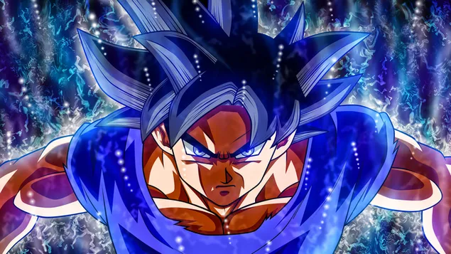 Personatge de Bola de Drac en Goku amb els cabells blaus baixada
