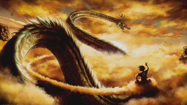 Dragon Ball Z, Goku auf seiner Kintoun-Wolke und Shenron 4K Hintergrundbild