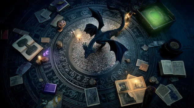 Dragon on a Ritualistic Altar Surrounded by Ancient Texts 2K wallpaper