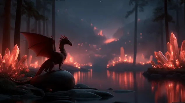 Dragon on Rocky Outcrop di tengah-tengah Kristal Bercahaya dan Air 2K kertas dinding