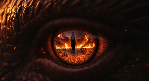 Zmajev ognjeni pogled, ki odraža plameneči svet, Hiša zmaja za ozadje namizja 4K ozadje