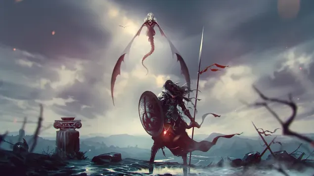 Воин-дракон с копьем и щитом 4K обои