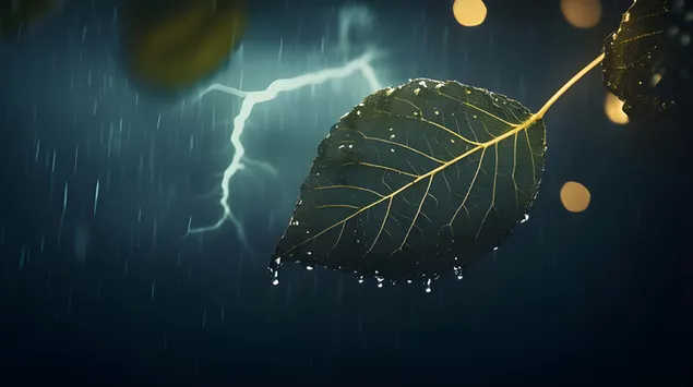 Tapeta Dramatická kulisa: List s kapkami deště a blesky 4K