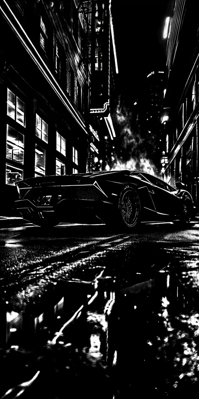 Dramatiese swart-en-wit stadsbeeldweerkaatsing in nat strate in die nag 2K muurpapier