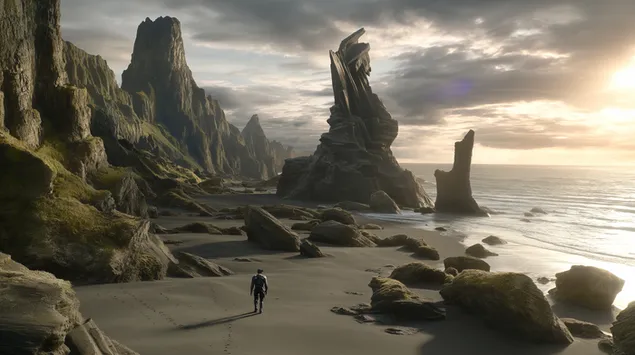 شاطئ الرمال السوداء المذهل مع التكوينات الصخرية الشاهقة 2K خلفية