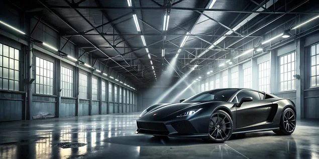 Dramatiese swart sportmotor in industriële omgewing met opvallende ligstrale 4K muurpapier