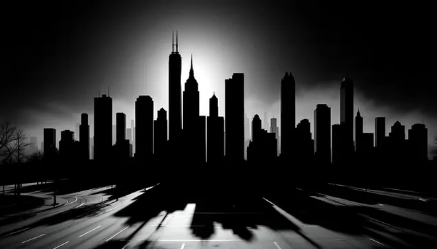 ภาพเงาเส้นขอบฟ้าเมืองอันน่าทึ่ง - มุมมองเมืองขาวดำ 4K วอลเปเปอร์