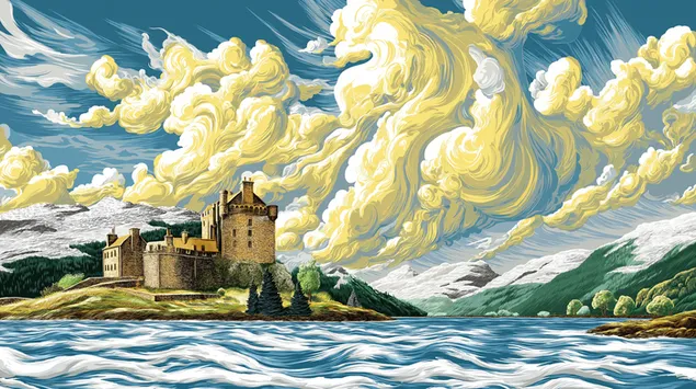 muat turun istana tanah tinggi yang dramatik di loch dengan awan berpusar