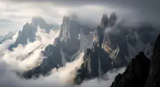 dramatic, jagged mountain peaks emerge through swirling mist and clouds, bathed in moody light and shadow for a mysterious alpine view