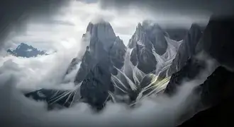 dramatic, jagged mountains rise through swirling mist and clouds, evoking a sense of awe and untouched wilderness in this atmospheric landscape download