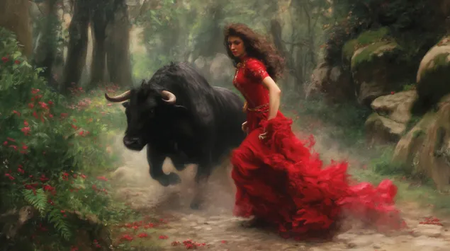 ציור מטאדור דרמטי: אישה עם שור ביער 2K טפט