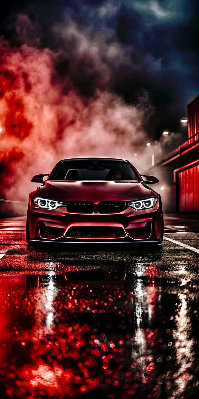 غرش چشمگیر ماشین اسپرت قرمز رنگ در میان دود آتشین و خیابان‌های خیس کاغذدیواری  2K