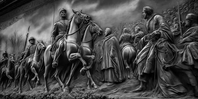 dramaticka reliefni socha vojaku na koni, historicka scena stahnout